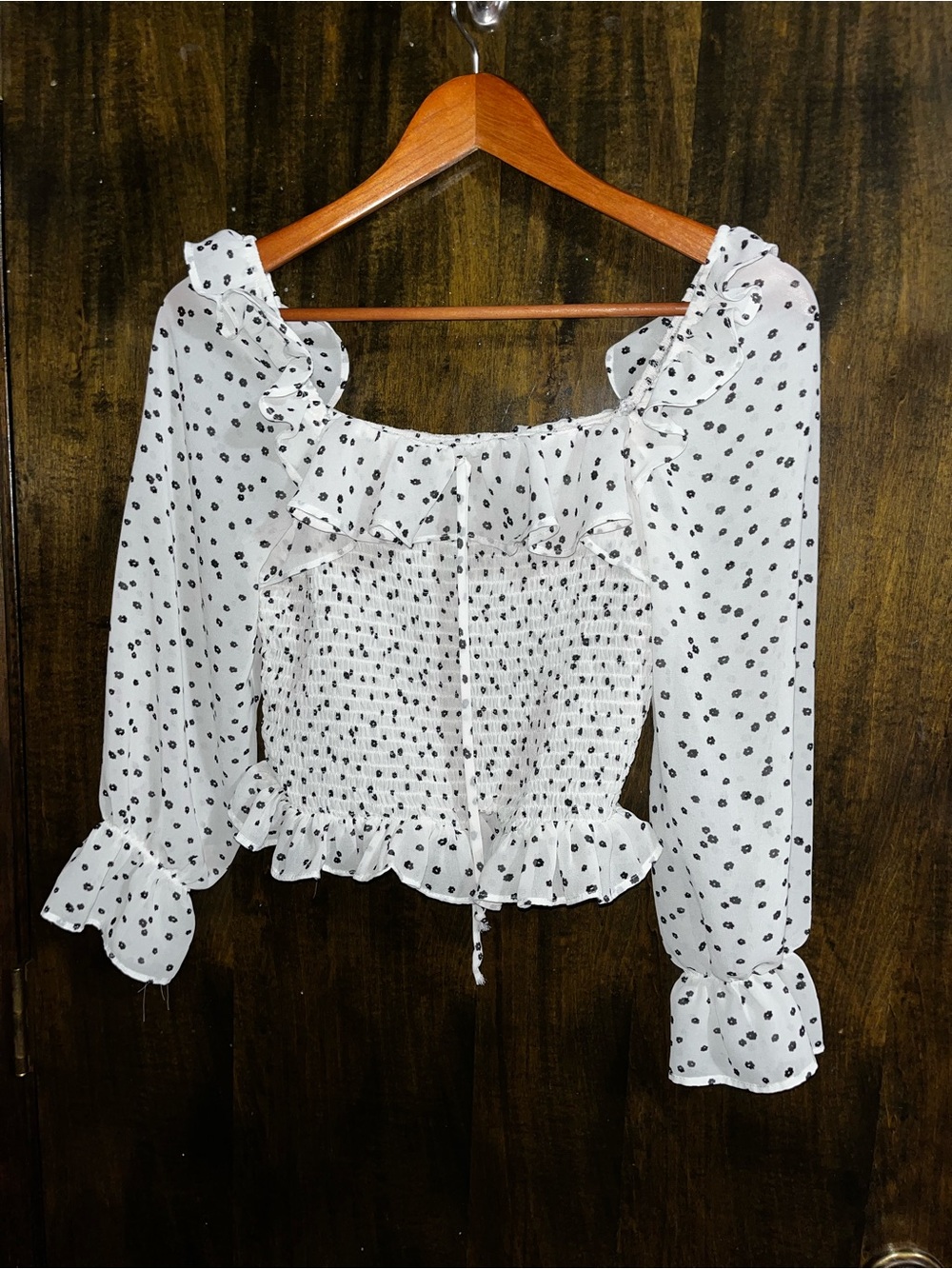 White Polka Dot Ruffle Smocked Long Sleeve Blouse